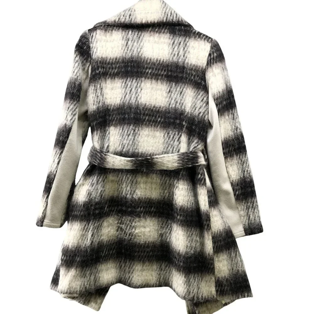 BCBGeneration Plaid Wool Blend Wrap Coat Womens Small S Black Ivory Fuzzy Long - Picture 3 of 13
